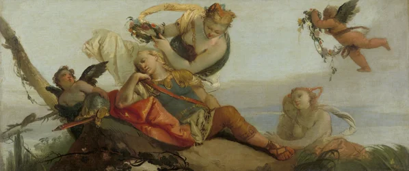 Der schlafende Rinaldo, von Armida mit Blumen gekrönt