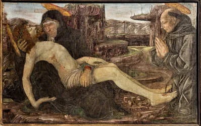 Beweinung mit Auftraggeber als St. Franziskus, von Francesco del Cossa