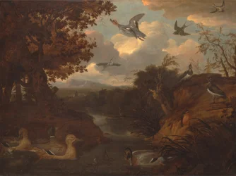 Enten und andere Vögel an einem Bach in einer italienischen Landschaft