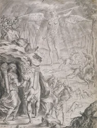Dido und Aeneas, die in einer Höhle Schutz suchen
