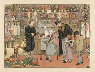 Viktorianische Kinder wählen Spielzeug mit ihrem Onkel in einem Spielzeugladen. Chromolithographie nach einer Illustration von Francis Donkin Bedford aus Edward Verrall Lucas