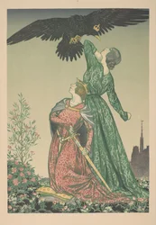 Zwei Frauen, die von einem gekrönten Adler angegriffen werden
