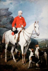 Porträt von Charles Trelawny, Esq., Meister der Dartmoor-Jagd, auf seinem Lieblingsjagdpferd Grimaldi, mit den Hunden Conqueror, Lounger und Windermere