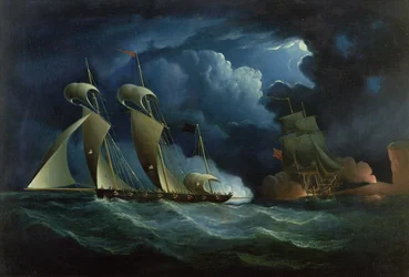 Ein Zollschiff im Kampf mit dem Piratenlugger Will Watch