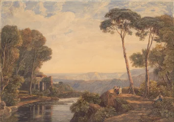 Landschaft mit einem Tempel und Figuren an einem Fluss