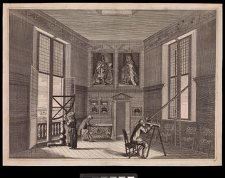 Drei Figuren benutzen astronomische Geräte im Großen Sternzimmer oder dem Oktagonzimmer, wie es heute bekannt ist, im Royal Observatory, ca. 1676