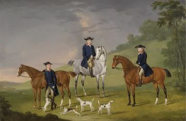 John Corbet, Sir Robert Leighton und John Kynaston mit ihren Pferden und Hunden