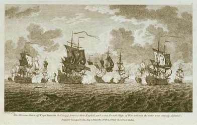 Zwölf Drucke von Seegefechten. Die glorreiche Aktion vor Kap Francois am 21. Oktober 1757, zwischen den Engländern und sieben französischen Kriegsschiffen, bei der letztere vollständig besiegt wurden.