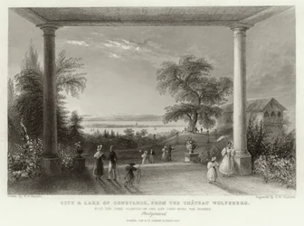 Stadt und See von Konstanz, Schweiz, vom Schloss Wolfsberg, mit dem Baum, der am Tag gepflanzt wurde, als der tschechische Theologe und Reformator Jan Hus 1415 als Ketzer verbrannt wurde