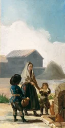 Eine Frau und zwei Kinder an einem Brunnen