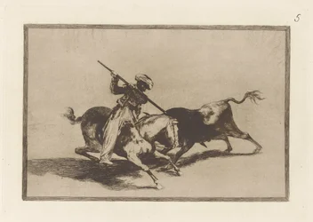 Der beherzte Mohr Gazul ist der Erste, der Stiere nach den Regeln mit der Lanze bekämpft, Tafel 5 aus Die Kunst des Stierkampfs