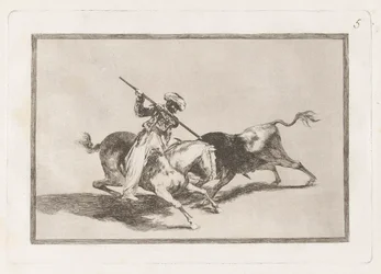 Der beherzte Mohr Gazul ist der Erste, der Stiere nach den Regeln mit der Lanze bekämpft, Tafel 5 aus Die Kunst des Stierkampfs