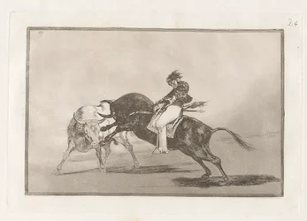 El mismo Ceballos montado sobre otro toro quiebra rejones en la plaza de Madrid (Der gleiche Ceballos auf einem anderen Stier bricht kurze Speere in der Arena von Madrid), Platte 24 aus La tauromaquia