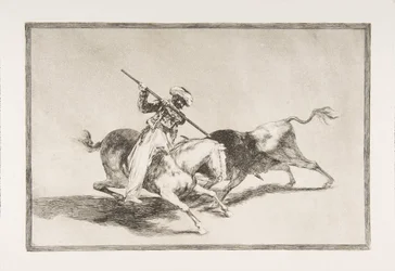 Tafel 5 aus „La Tauromaquia“: Der temperamentvolle Mohr Gazul ist der Erste, der Stiere gemäß... mit einer Lanze verwundet, 1816.