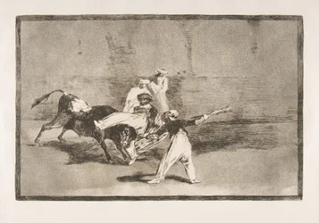 Tafel 8 der Tauromaquia: Ein Maure wird im Ring vom Stier gefangen, 1816