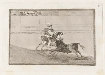 Ein spanischer Ritter in der Arena, der kurze Speere ohne Hilfe der Assistenten bricht, Platte 13 aus La tauromaquia