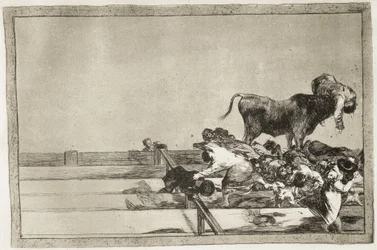 Schreckliche Ereignisse in den vorderen Reihen der Arena von Madrid und der Tod des Bürgermeisters von Torrejón im Jahr 1801. 1816. Tafel 21 aus „Die Kunst des Stierkampfs“. Spanien. Madrid (Autonome Gemeinschaft). Madrid. Nationalbibliothek