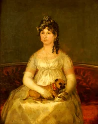 Porträt von Dona Francisca Vicenta Chollet y Caballero, sitzend, dreiviertel Länge, mit einem Schoßhund, 1806