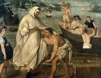 Der heilige Peter Nolasque (1189-1256) geht an Bord, um christliche Geiseln zu befreien, die von maurischen Piraten gefangen gehalten werden, um als Sklaven in Afrika verkauft zu werden (Gemälde)