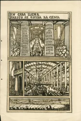 Illustration von Francisco Sancha Lengo (1874-1936) - Flugblatt, ca. 1915 - En casa llena presto se guisa la cena - Krieg von 14-18, Kanonen, Granaten, Industrielle Fabriken, Spanische Sprache, Mobilisierung, Ausländische Presse