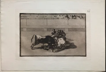Stierkämpfe: Ein Picador wird abgeworfen und fällt unter den Stier, 1876