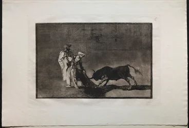 Stierkämpfe: Die Mauren führen in der Arena ein anderes Spiel aus und rufen den Stier mit dem Burnus, 1876.