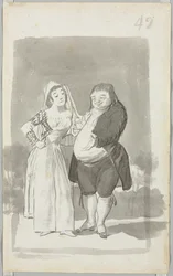 Prostituierte, die einen dicken, hässlichen Mann anspricht, recto; junge Frau, die ihre Hände ringt, verso, 1796-97