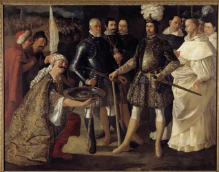Reconquista: Die Übergabe von Sevilla vor Ferdinand III., König von Kastilien und León. Die Mauren übergaben dem König von Kastilien am 22.12.1248 die Schlüssel der Stadt.