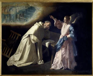 Die Vision des Heiligen Peter Nolasque (1189-1256). Nach einer Vision der Jungfrau im Jahr 1218 gründete der Priester den Orden Unserer Lieben Frau der Barmherzigkeit. Er wird mit einem Engel dargestellt, der ihm das Himmlische Jerusalem zeigt. Gemälde von