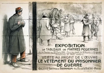 Werbung für eine Ausstellung von Gemälden, die verkauft werden, um Geld für Kleidung für Kriegsgefangene zu sammeln