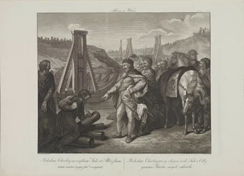 Boleslaw I. von Polen steckt Grenzpfähle in die Flüsse Elbe und Saale von Smuglewicz, Franciszek (1745-1807). Lithographie, Ende des 18. Jahrhunderts. Private Sammlung