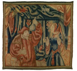Wandteppichfragment, das ein Interieur mit Arzt und Frau darstellt, Beaute, französisch oder flämisch, hergestellt im frühen 16. Jahrhundert