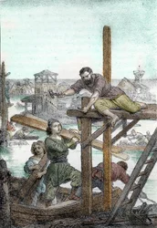 Gründung von Venedig durch die von den Hunnen Attilas vertriebenen Flüchtlinge, 5. Jahrhundert, Zeichnung aus 