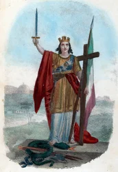 Risorgimento: Allegorische Darstellung des triumphierenden Italiens, das auf der Schlange der korrupten Kirche steht und ein Schwert mit einem Kreuz und einer Fahne erhebt, Symbole des politischen, religiösen und zivilen Risorgimento. Frontispiz aus „I mis