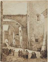 Ein Priester zieht durch eine mittelalterliche Straße in Viterbo