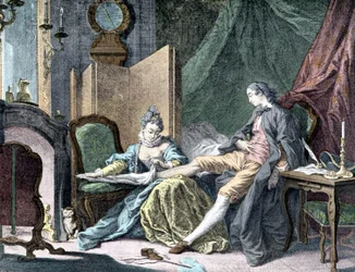 La Courtesan amoureuse: Frau entfernt den unteren Teil eines Mannes - Gravur von ap. Butcher