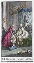 Der eingebildete Kranke. Theaterstück von Jean Baptiste Poquelin dit Moliere (1622-1673). Gravur in „Le malade imaginaire“ von T. de Mare nach Boucher