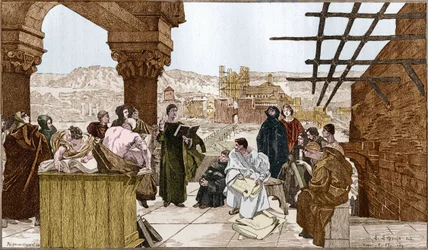 Pierre Abélard (1079-1142), französischer Philosoph und Theologe und seine Schule auf dem Sainte-Geneviève-Berg. Nach dem Fresko von François Flameng.