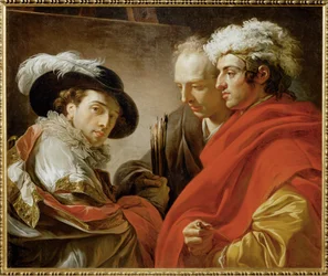 Porträt von drei Männern: Der Maler mit Hut und Feder, der Architekt Pierre Rousseau und ein anonymer Freund