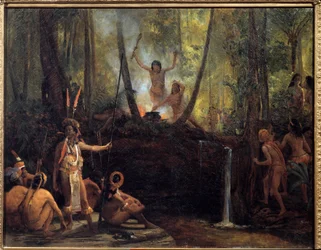 Die Herstellung von Curare im brasilianischen Wald. Extraktion von Curare, einer Substanz, die aus den Lianen der Amazonasbäume gewonnen wird und Lähmungen verursacht