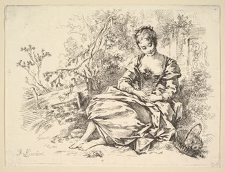 Mädchen in einer Landschaft mit einem Korb voller Blumen