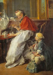 Mutter und Tochter. Detail von „Frühstück“. Ein Mädchen und ihre Puppen beobachten ihre Mutter beim Trinken von heißer Schokolade.