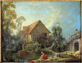 Die Mühle. Eine Frau wäscht Wäsche im Bach nahe einer Wassermühle. 1751. 0,66 x 0,84 m