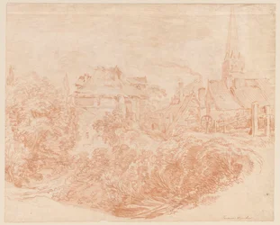 Ansicht von Dorfgebäuden und Kirchturm