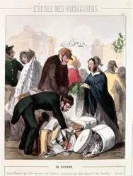 Zollkontrolle der Mitgift einer Erbin, die einen jungen Mann heiraten wollte. Farbgravur von Francois Bouchot (1800-1842), um 1830. Paris, Musee Carnavalet