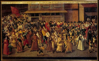 Religiöse Kriege zwischen Katholiken und Protestanten: Prozession der Liga am Ende der Kathedrale Notre Dame am 4. Februar 1593