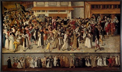 Religiöse Kriege zwischen Katholiken und Protestanten: Prozession der Liga, um Notre Dame auf der Île de la Cité im Jahr 1593 zu verlassen