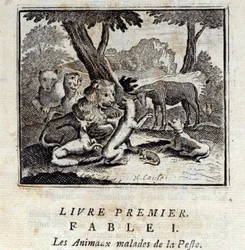 Die Tiere, die an der Pest erkrankt sind. Fabeln von Jean de La Fontaine (1621-95). Illustration von François Chauveau (1613-1676). Ausgabe von 1728