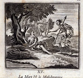 Der Tod und der Unglückliche. Fabeln von Jean de La Fontaine. Illustration von François Chauveau. Ausgabe von 1728.