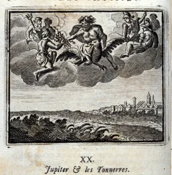 Jupiter und die Donner. Fabeln von Jean de La Fontaine. Illustration von François Chauveau. Ausgabe von 1728.